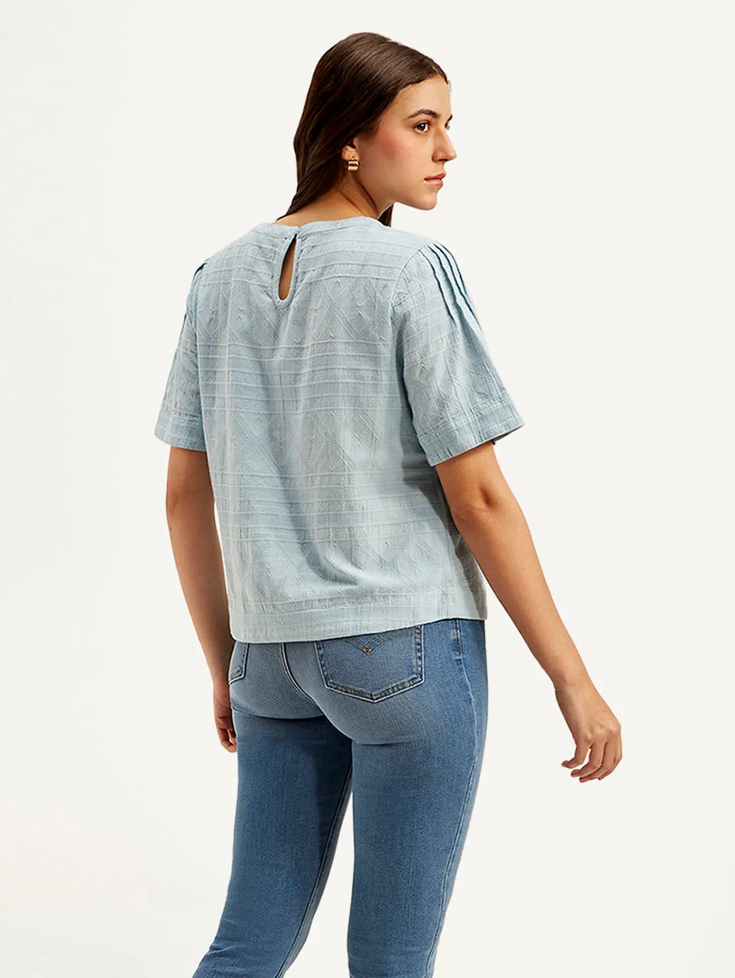Women's Textured Light Blue Round Neck Top