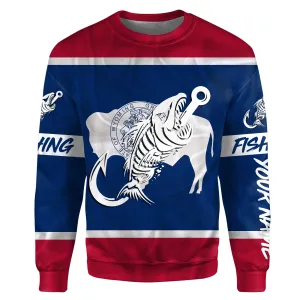 WY Wyoming Fishing Flag Fish hook skull Custom name fishing jerseys | Sweatshirt - NPQ746