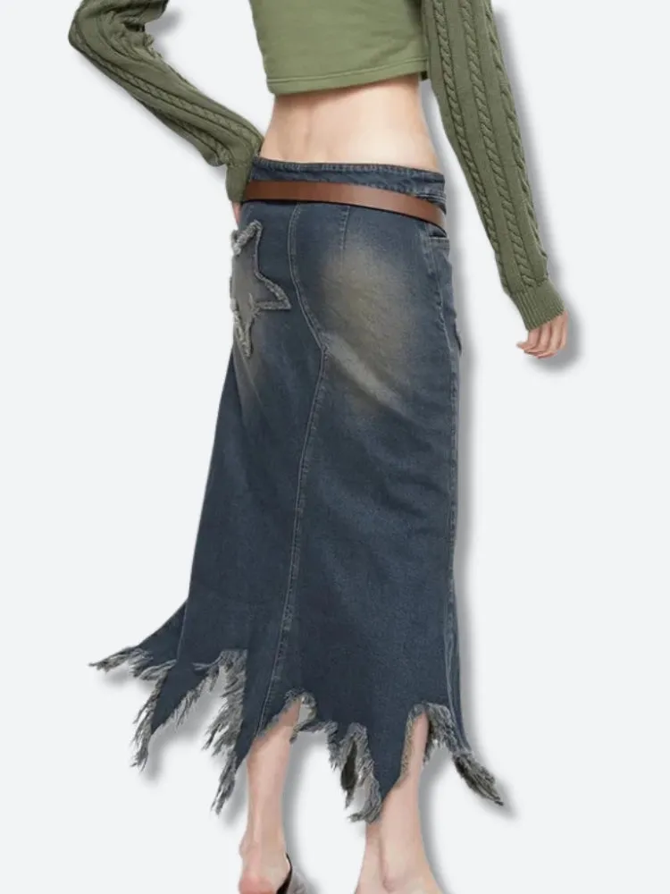 Y2K Star Patch Denim Midi Skirt